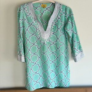 Roller Rabbit Tunic Cover-Up with Metallic Silver Embroidery